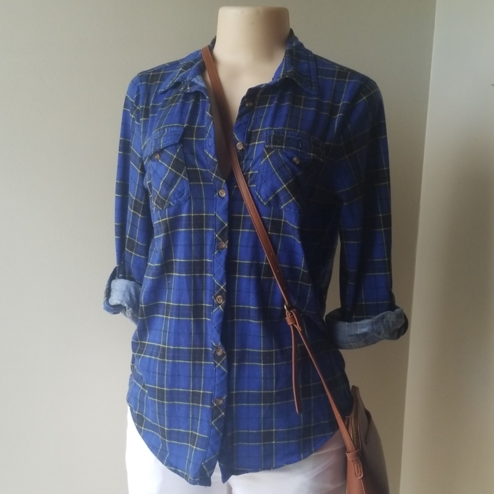 Passport Blue & Yellow Button Down Flannel Shirt